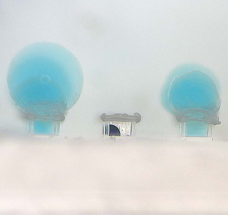 blue bubbles emerging from clear rectangular capsules