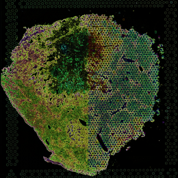 Green and brown colored craggy shape resembling an island or continent..