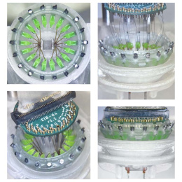 Four-panel composite of electrodes in a circle, seen from different angles