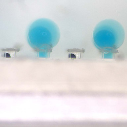 blue bubbles emerging from clear rectangular capsules