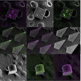 nine-panel mosaic of square, pyramidal, and cylindrical structures in magenta, green, and gray