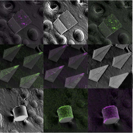 nine-panel mosaic of cubic, pyramidal, and cylindrical structures in magenta, green, and gray